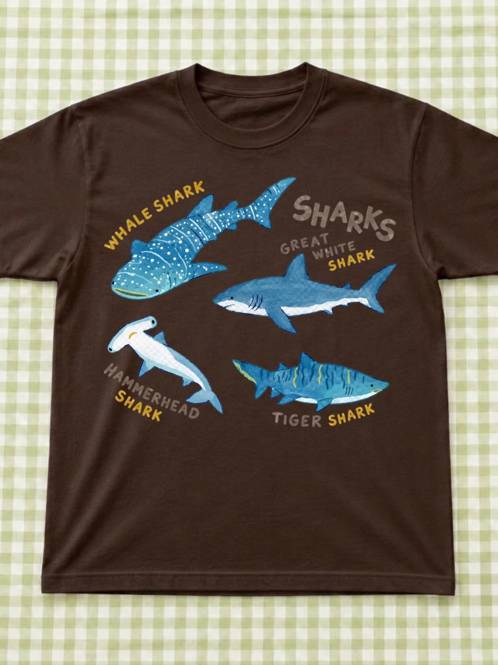 Gildan Dark Brown Shark Graphic Tee with Blue Illustrations, Casual Tee Unisex